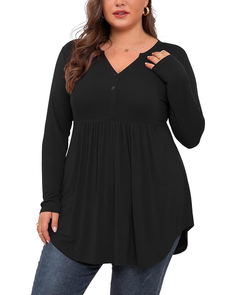 Women's Plus Size Henley Shirts V Neck Button Tunic Tops Casual Long Sleeve Swing Flowy Blouse Long Sleeve Black $9.61 Tops