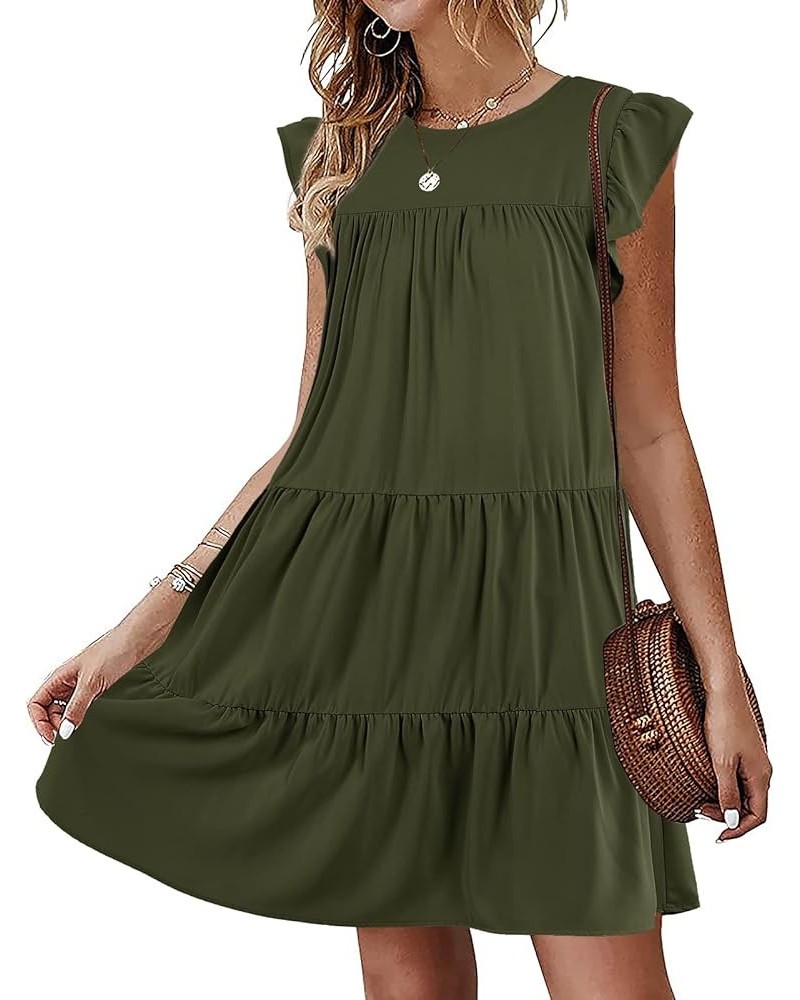 Womens Summer Mini Dress Casual Sleeveless Ruffle Sleeve Round Neck Flowy Pleated Babydoll T-Shirt Dress Z Army Green $23.99 ...