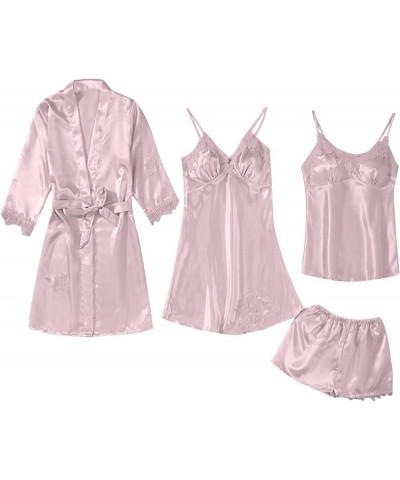 Women's Silk Satin Pajamas Set 4Pcs Lace Trim Cami Tops & Shorts Sexy Lingerie Dress Pajamas Nightgowns With Robe A02-pink $8...