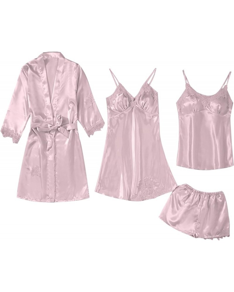 Women's Silk Satin Pajamas Set 4Pcs Lace Trim Cami Tops & Shorts Sexy Lingerie Dress Pajamas Nightgowns With Robe A02-pink $8...