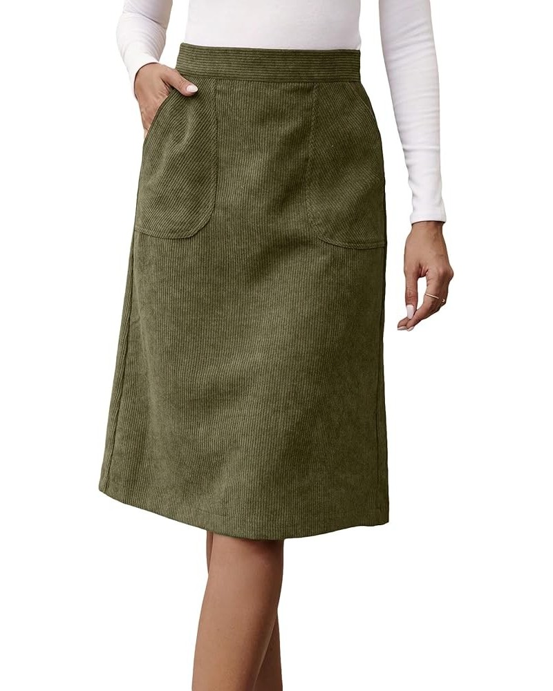 Women's Corduroy Midi Skirt Slit Back High Waisted Straight Skirts with Pocket Solid Army Green $19.24 Skirts