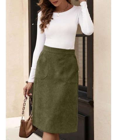 Women's Corduroy Midi Skirt Slit Back High Waisted Straight Skirts with Pocket Solid Army Green $19.24 Skirts