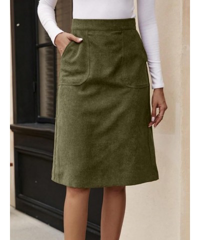 Women's Corduroy Midi Skirt Slit Back High Waisted Straight Skirts with Pocket Solid Army Green $19.24 Skirts