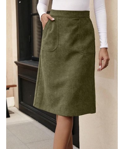 Women's Corduroy Midi Skirt Slit Back High Waisted Straight Skirts with Pocket Solid Army Green $19.24 Skirts