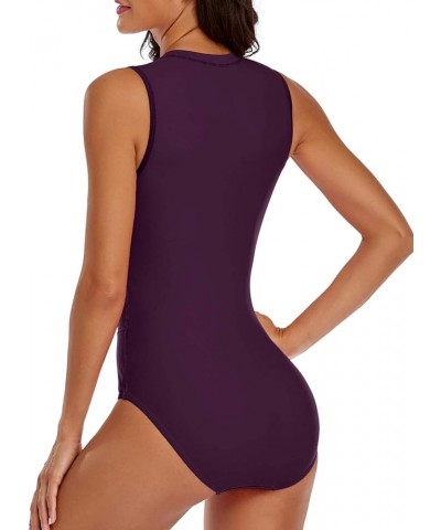 Women One Piece Rash Guard High Neck Sleeveless Zipper UPF 50 Surfing Swimsuit Purple $18.35 Swimsuits