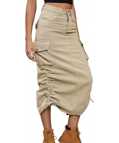 Women's Y2K Drawstring Denim Cargo Skirt Casual A-line Adjustable Long Skirt with Pockets Lightkhaki $17.51 Skirts