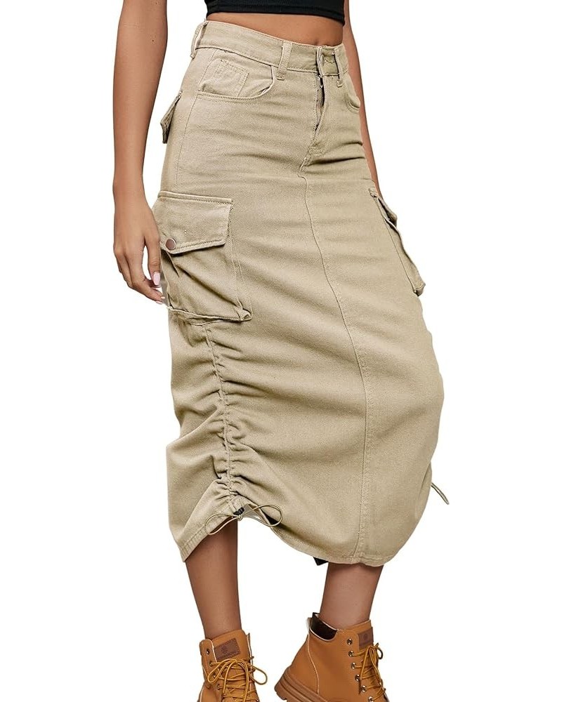 Women's Y2K Drawstring Denim Cargo Skirt Casual A-line Adjustable Long Skirt with Pockets Lightkhaki $17.51 Skirts