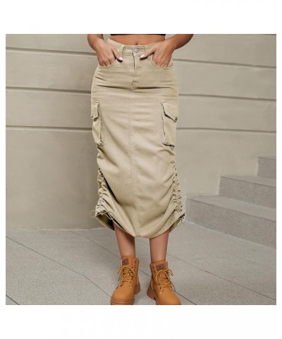 Women's Y2K Drawstring Denim Cargo Skirt Casual A-line Adjustable Long Skirt with Pockets Lightkhaki $17.51 Skirts