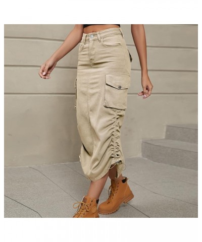 Women's Y2K Drawstring Denim Cargo Skirt Casual A-line Adjustable Long Skirt with Pockets Lightkhaki $17.51 Skirts