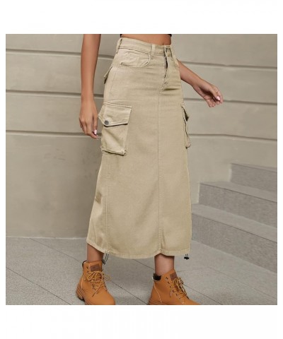 Women's Y2K Drawstring Denim Cargo Skirt Casual A-line Adjustable Long Skirt with Pockets Lightkhaki $17.51 Skirts