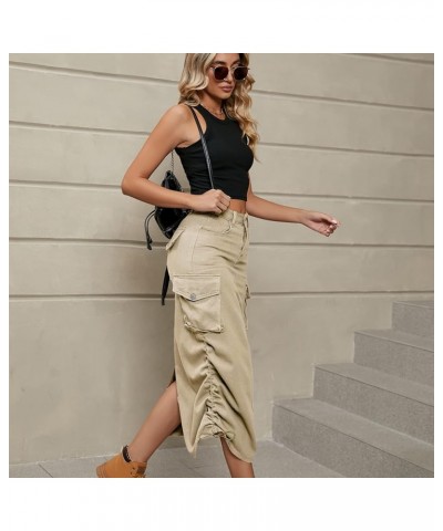 Women's Y2K Drawstring Denim Cargo Skirt Casual A-line Adjustable Long Skirt with Pockets Lightkhaki $17.51 Skirts