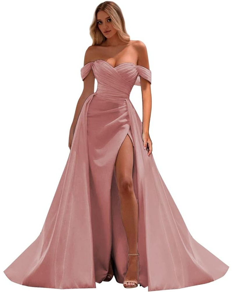 Off Shoulder Pleated Prom Dresses Long with Slit Wrap Mermaid Evening Ball Gowns with Train YG277 Dusty Rose $30.10 Dresses