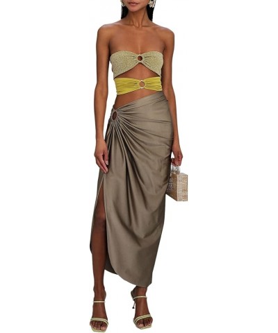 Maxi Skirt Sets Women 2 Piece Outfits Sexy See Through Strapless Lace Tube Top Bodycon Maxi Skirts Y2k Set Gray Yellow9 $9.17...