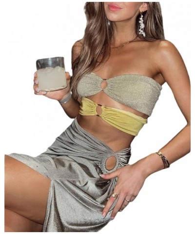 Maxi Skirt Sets Women 2 Piece Outfits Sexy See Through Strapless Lace Tube Top Bodycon Maxi Skirts Y2k Set Gray Yellow9 $9.17...