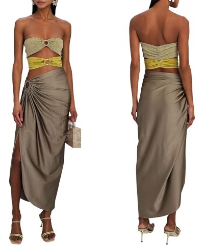 Maxi Skirt Sets Women 2 Piece Outfits Sexy See Through Strapless Lace Tube Top Bodycon Maxi Skirts Y2k Set Gray Yellow9 $9.17...