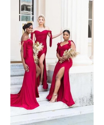 Off Shoulder Bridesmaid Dresses 2024 Satin Mermaid Prom Dress with Slit Ruched Long Formal Gowns Orange Red $40.32 Dresses