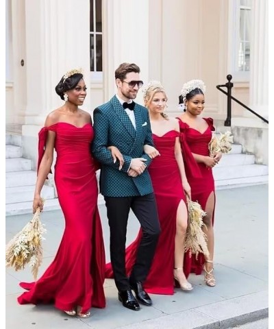 Off Shoulder Bridesmaid Dresses 2024 Satin Mermaid Prom Dress with Slit Ruched Long Formal Gowns Orange Red $40.32 Dresses