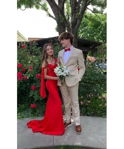 Off Shoulder Bridesmaid Dresses 2024 Satin Mermaid Prom Dress with Slit Ruched Long Formal Gowns Orange Red $40.32 Dresses