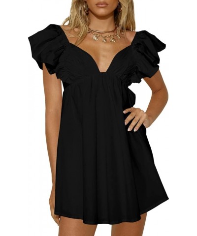 Women's Summer Deep V Neck Dresses A Line Pleated Short Sleeve Backless Beach Dress Black $25.36 Dresses