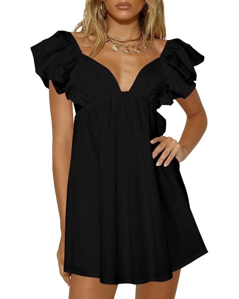 Women's Summer Deep V Neck Dresses A Line Pleated Short Sleeve Backless Beach Dress Black $25.36 Dresses