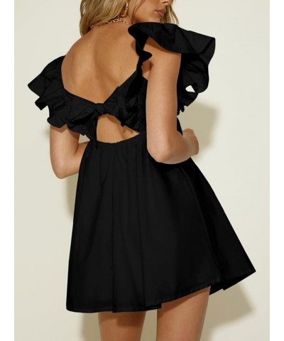 Women's Summer Deep V Neck Dresses A Line Pleated Short Sleeve Backless Beach Dress Black $25.36 Dresses