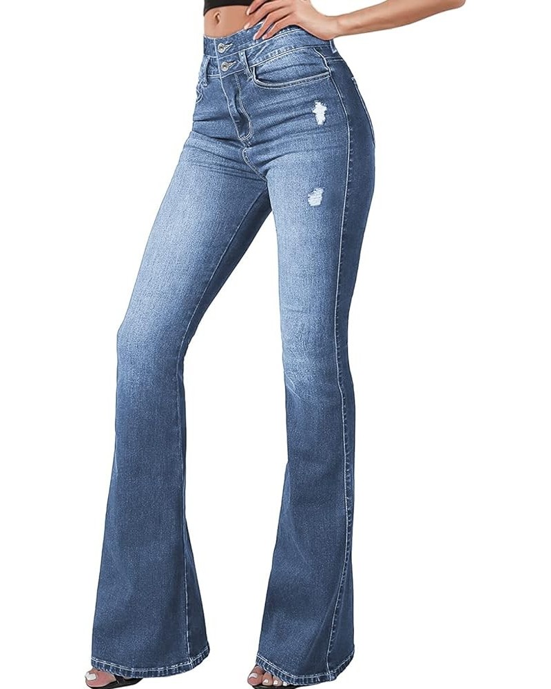 Women High Waisted Destroyed Flared Jeans Bell Bottom Denim Pants Sky Blue $18.04 Jeans