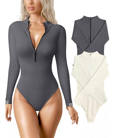 Women's 2 Piece Bodysuits Sexy Ribbed One Piece Zip Front Long Sleeve Tops Bodysuits Darkgrey,beige $21.83 Bodysuits