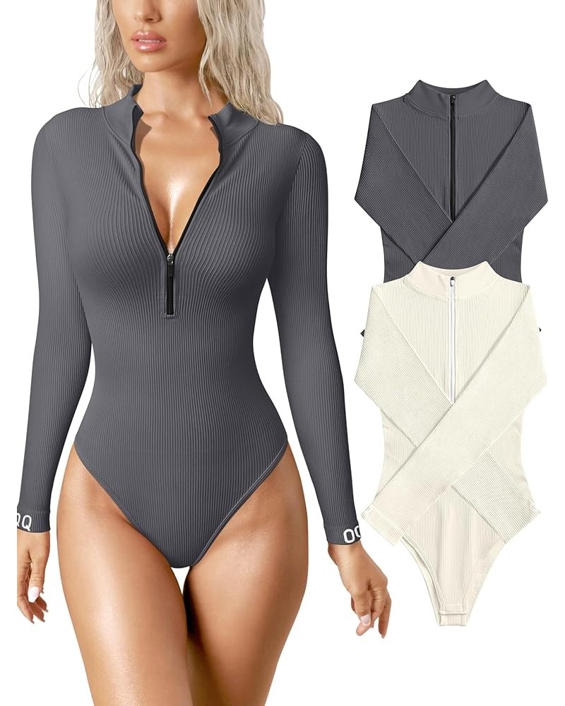 Women's 2 Piece Bodysuits Sexy Ribbed One Piece Zip Front Long Sleeve Tops Bodysuits Darkgrey,beige $21.83 Bodysuits