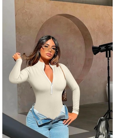 Women's 2 Piece Bodysuits Sexy Ribbed One Piece Zip Front Long Sleeve Tops Bodysuits Darkgrey,beige $21.83 Bodysuits