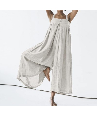 Linen Jumpsuits for Women Dressy Casual Plus Size Jumpsuits Summer Short Sleeve Crewneck Elastic Waist Long Rompers C-white $...