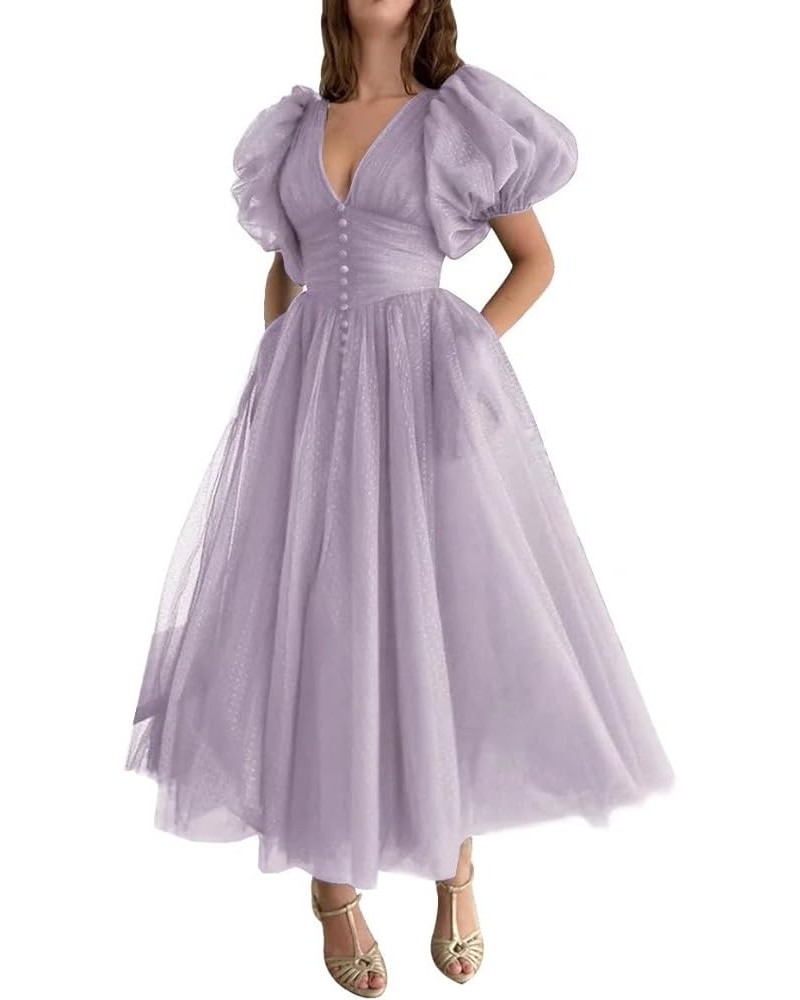 Puffy Sleeve Prom Dresses for Women Dotted Tulle V Neck Formal Evening Party Gowns Tea Length Lavender $32.12 Dresses