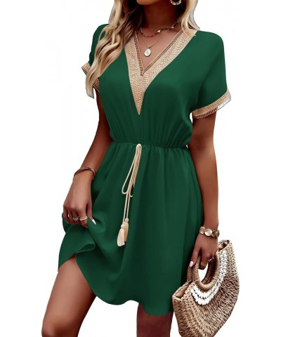 Women's Casual Summer Dresses Trimmed Short Sleeve V Neck Tie Front Flowy Dress Dark Green $19.27 Dresses