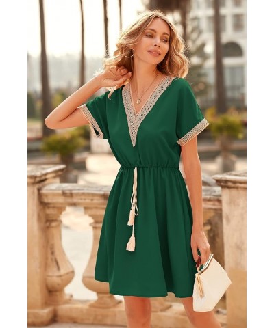 Women's Casual Summer Dresses Trimmed Short Sleeve V Neck Tie Front Flowy Dress Dark Green $19.27 Dresses