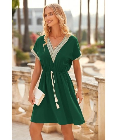 Women's Casual Summer Dresses Trimmed Short Sleeve V Neck Tie Front Flowy Dress Dark Green $19.27 Dresses