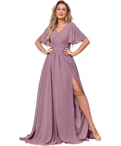 Women's V Neck Chiffon Bridesmaid Dresses with Slit for Wedding Pockets Long Formal Evening Dress Wisteria $23.65 Dresses