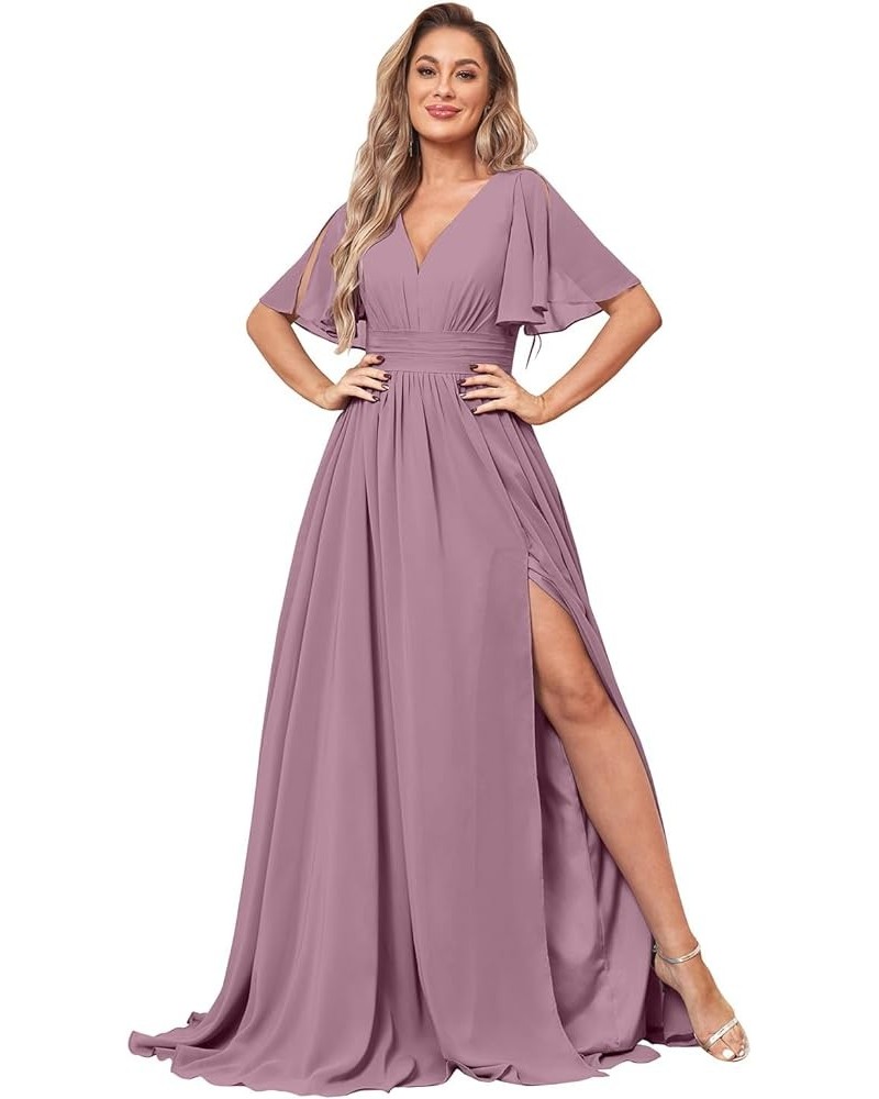 Women's V Neck Chiffon Bridesmaid Dresses with Slit for Wedding Pockets Long Formal Evening Dress Wisteria $23.65 Dresses