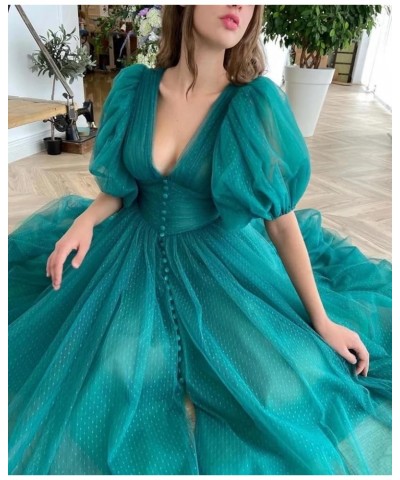 Puffy Sleeve Prom Dresses for Women Dotted Tulle V Neck Formal Evening Party Gowns Tea Length Lavender $32.12 Dresses