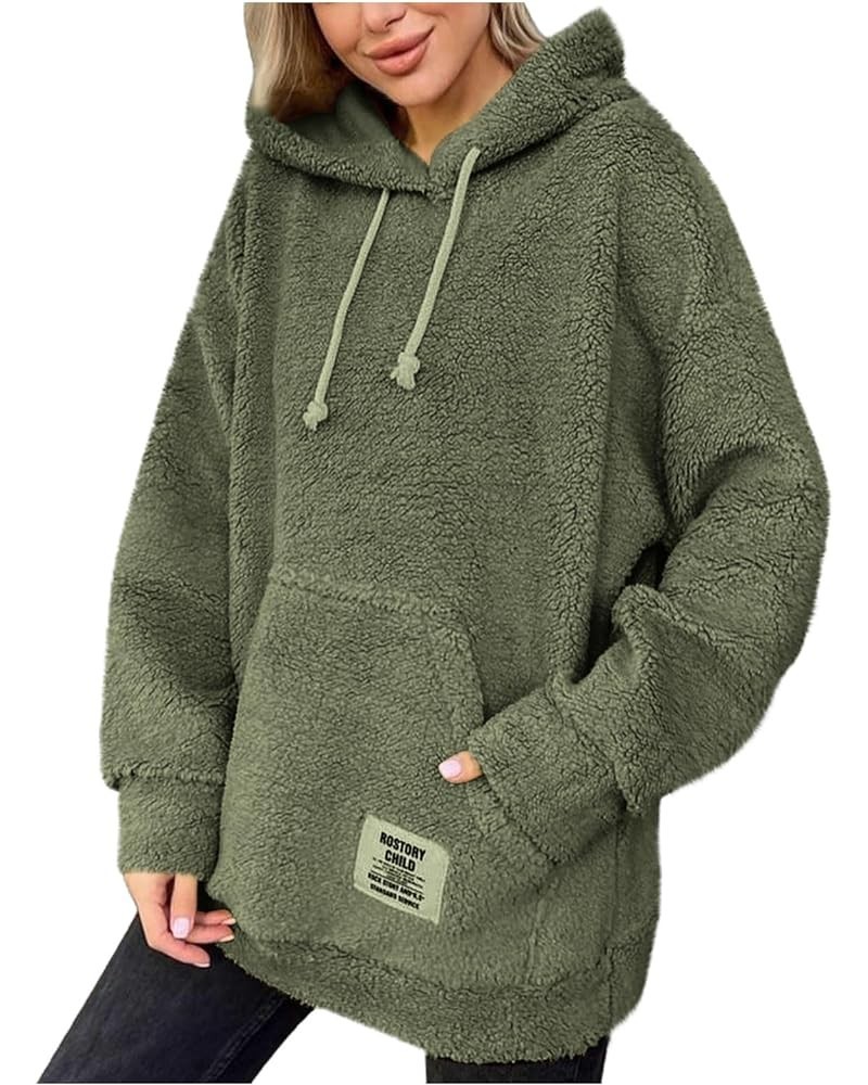 Women Oversized Sherpa Fleece Hoodies Long Sleeve Casual Hooded Pullover Drawstraing Warm Sweatshirts with Pocket 01 Army Gre...