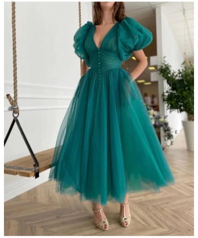 Puffy Sleeve Prom Dresses for Women Dotted Tulle V Neck Formal Evening Party Gowns Tea Length Lavender $32.12 Dresses