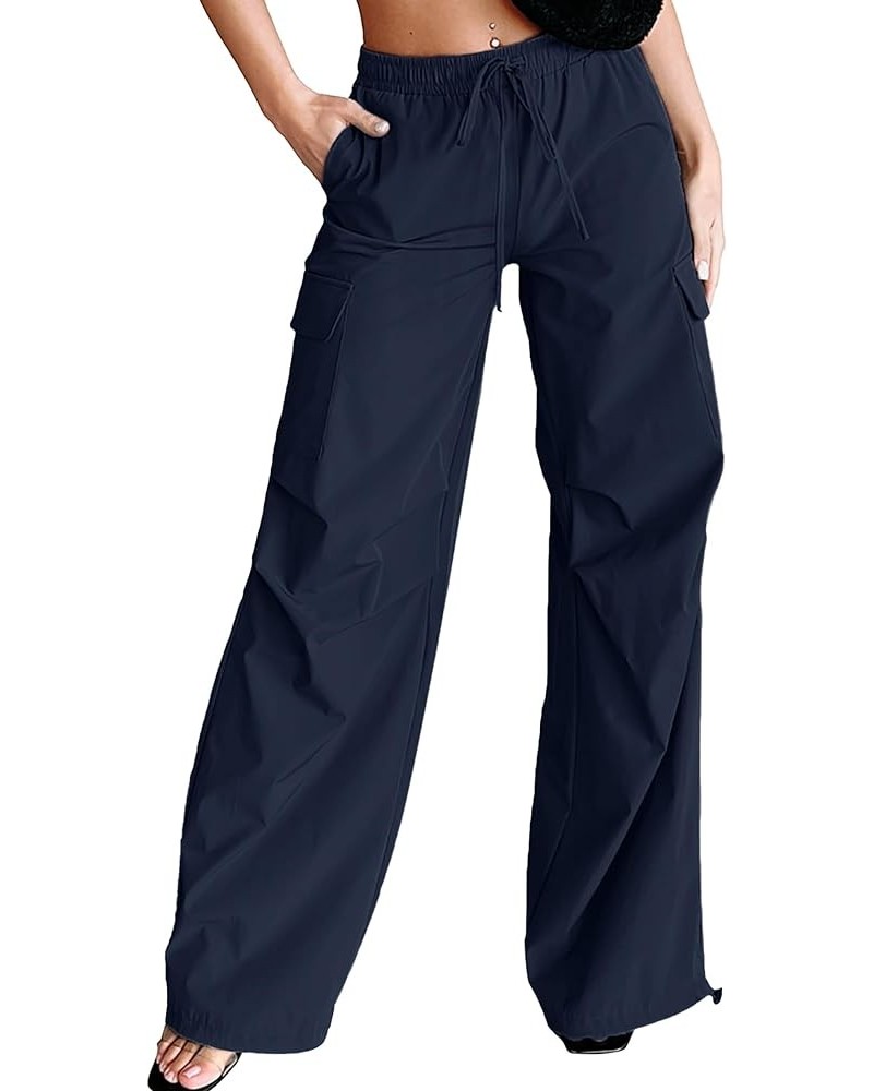 Cargo Pants for Women Baggy High Waisted Parachute Pants Drawstring Straight Leg Y2K Pants with Pockets Navy Blue $15.48 Pants