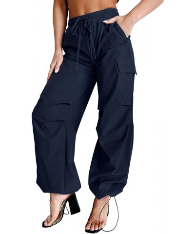 Cargo Pants for Women Baggy High Waisted Parachute Pants Drawstring Straight Leg Y2K Pants with Pockets Navy Blue $15.48 Pants