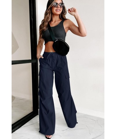 Cargo Pants for Women Baggy High Waisted Parachute Pants Drawstring Straight Leg Y2K Pants with Pockets Navy Blue $15.48 Pants