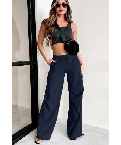 Cargo Pants for Women Baggy High Waisted Parachute Pants Drawstring Straight Leg Y2K Pants with Pockets Navy Blue $15.48 Pants