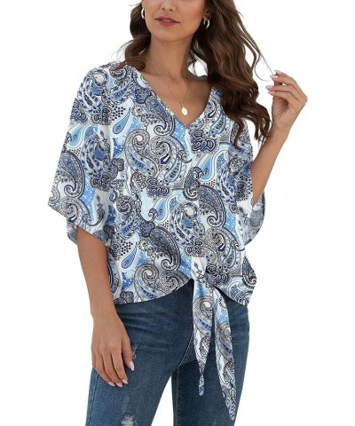 Womens Tie Front Chiffon Blouses V Neck Batwing Short Sleeve Summer Tops Shirts Cashew Blue $13.76 Blouses