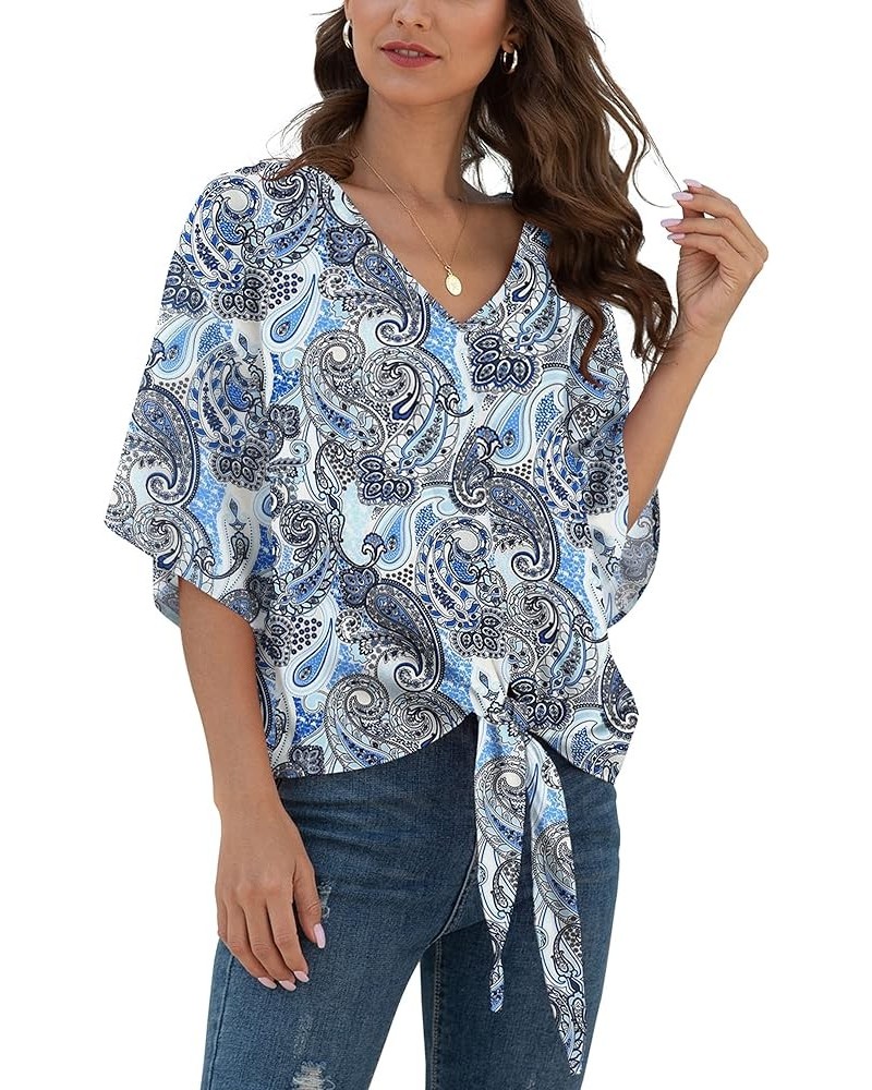 Womens Tie Front Chiffon Blouses V Neck Batwing Short Sleeve Summer Tops Shirts Cashew Blue $13.76 Blouses