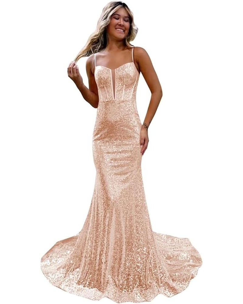 Spaghetti Straps Prom Dresses for Women 2024 Glitter Sequin Mermaid Backless Prom Evening Gowns Rose Gold $29.25 Dresses