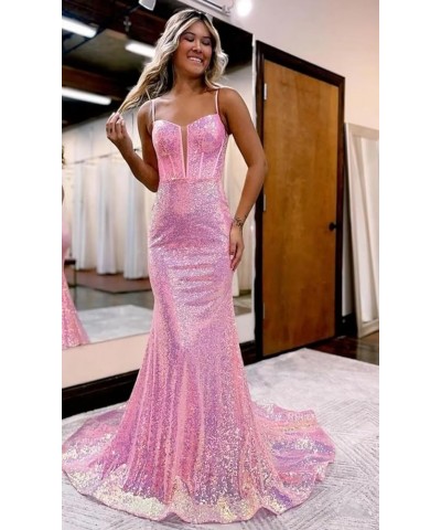 Spaghetti Straps Prom Dresses for Women 2024 Glitter Sequin Mermaid Backless Prom Evening Gowns Rose Gold $29.25 Dresses