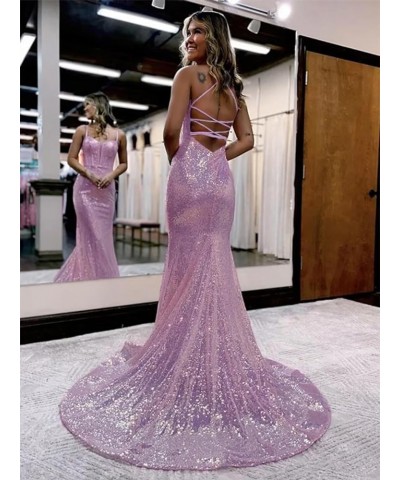 Spaghetti Straps Prom Dresses for Women 2024 Glitter Sequin Mermaid Backless Prom Evening Gowns Rose Gold $29.25 Dresses