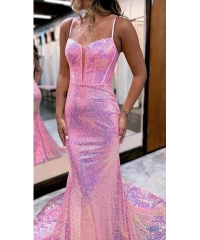 Spaghetti Straps Prom Dresses for Women 2024 Glitter Sequin Mermaid Backless Prom Evening Gowns Rose Gold $29.25 Dresses