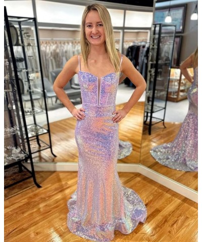 Spaghetti Straps Prom Dresses for Women 2024 Glitter Sequin Mermaid Backless Prom Evening Gowns Rose Gold $29.25 Dresses